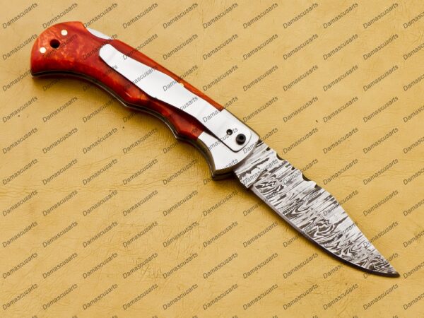 Personalized Damascus Folding Pocket Knife Custom Handmade Damascus Steel Pocket Knife USA, Engraved EDC Groomsmen Gift, 3″ Razor-Sharp Blade with Leather Sheath & Fast U.S. Shipping - Image 5