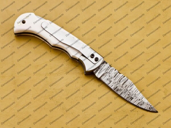 Personalized Damascus Folding Pocket Knife Custom Handmade Damascus Steel Pocket Knife USA, Engraved EDC Groomsmen Gift, 3″ Razor-Sharp Blade with Leather Sheath & Fast U.S. Shipping - Image 5