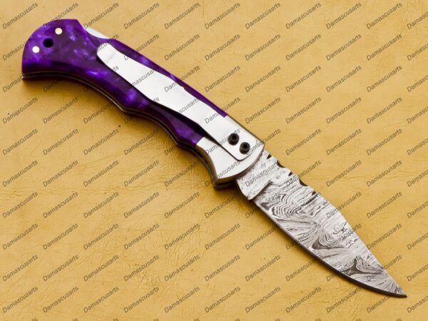 Personalized Damascus Folding Pocket Knife Custom Handmade Damascus Steel Pocket Knife USA, Engraved EDC Groomsmen Gift, 3″ Razor-Sharp Blade with Leather Sheath & Fast U.S. Shipping - Image 5