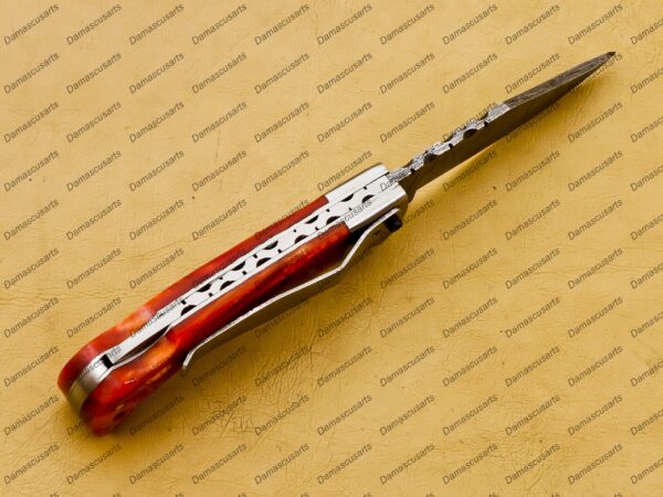 Personalized Damascus Folding Pocket Knife Custom Handmade Damascus Steel Pocket Knife USA, Engraved EDC Groomsmen Gift, 3″ Razor-Sharp Blade with Leather Sheath & Fast U.S. Shipping - Image 6