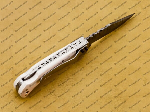 Personalized Damascus Folding Pocket Knife Custom Handmade Damascus Steel Pocket Knife USA, Engraved EDC Groomsmen Gift, 3″ Razor-Sharp Blade with Leather Sheath & Fast U.S. Shipping - Image 7
