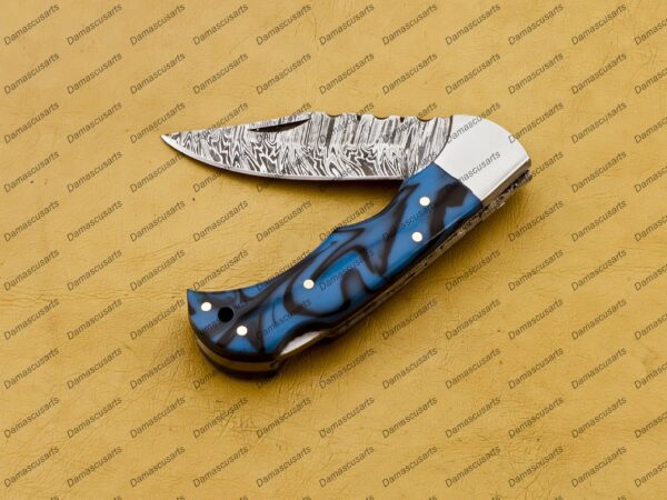 Personalized Damascus Folding Pocket Knife Custom Handmade Damascus Steel Pocket Knife USA, Engraved EDC Groomsmen Gift, 3″ Razor-Sharp Blade with Leather Sheath & Fast U.S. Shipping - Image 5