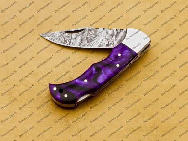 Personalized Damascus Folding Pocket Knife Custom Handmade Damascus Steel Pocket Knife USA, Engraved EDC Groomsmen Gift, 3″ Razor-Sharp Blade with Leather Sheath & Fast U.S. Shipping - Image 8
