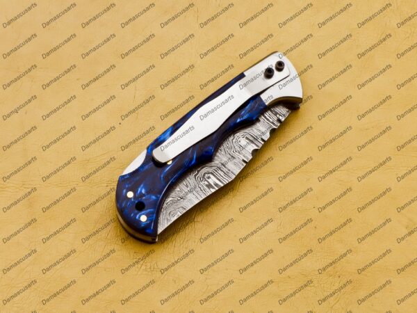 Personalized Damascus Folding Pocket Knife Custom Handmade Damascus Steel Pocket Knife USA, Engraved EDC Groomsmen Gift, 3″ Razor-Sharp Blade with Leather Sheath & Fast U.S. Shipping - Image 9
