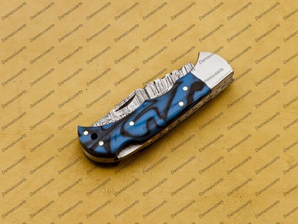 Personalized Damascus Folding Pocket Knife Custom Handmade Damascus Steel Pocket Knife USA, Engraved EDC Groomsmen Gift, 3″ Razor-Sharp Blade with Leather Sheath & Fast U.S. Shipping - Image 4