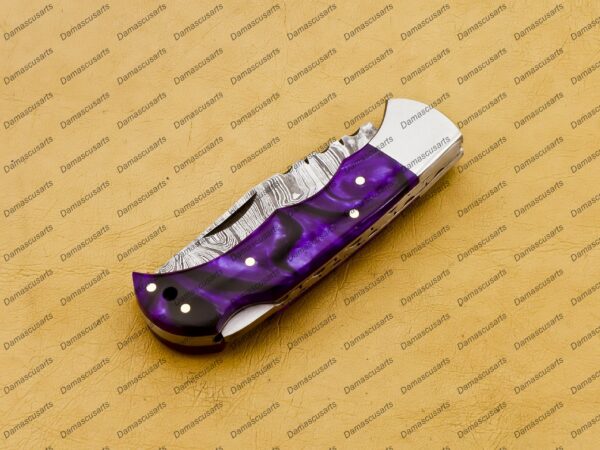 Personalized Damascus Folding Pocket Knife Custom Handmade Damascus Steel Pocket Knife USA, Engraved EDC Groomsmen Gift, 3″ Razor-Sharp Blade with Leather Sheath & Fast U.S. Shipping - Image 9