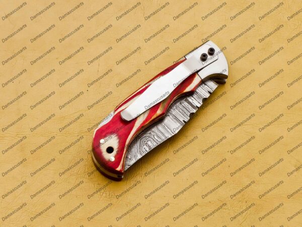 Personalized Damascus Folding Pocket Knife – Custom Handmade Damascus Steel Pocket Knife USA, Engraved EDC Groomsmen Gift, 3″ Razor-Sharp Blade with Leather Sheath & Fast U.S. Shipping - Image 4