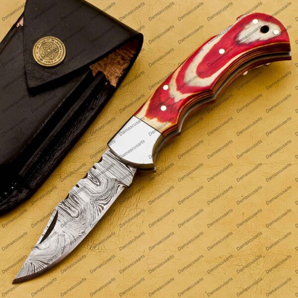 Personalized Damascus Folding Pocket Knife – Custom Handmade Damascus Steel Pocket Knife USA, Engraved EDC Groomsmen Gift, 3″ Razor-Sharp Blade with Leather Sheath & Fast U.S. Shipping - Image 3