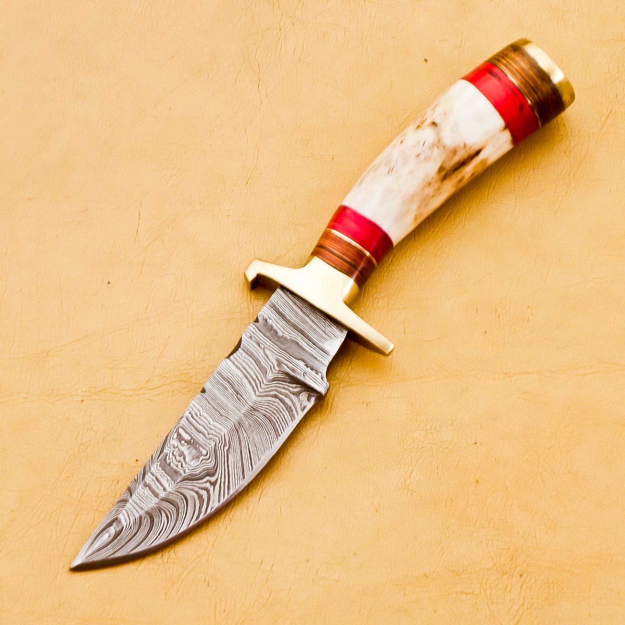 Damascus Hunting Knife Camel Bone Handle & Leather Sheath image 2