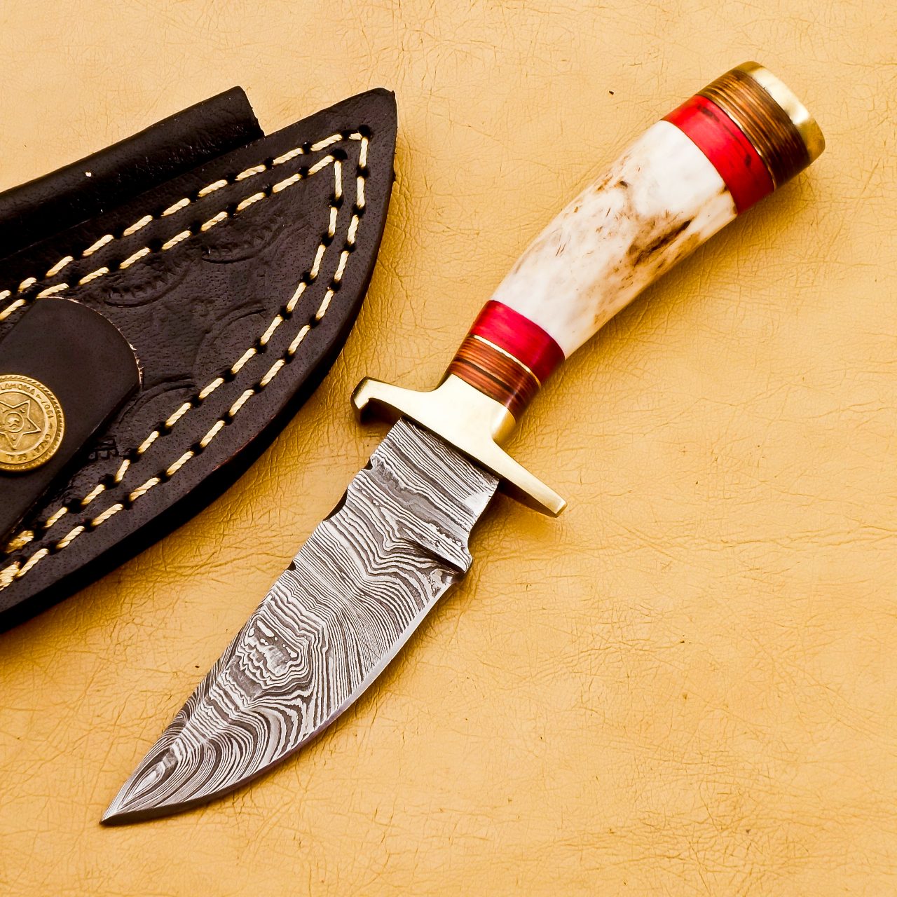 Damascus Hunting Knife Camel Bone Handle & Leather Sheath image 3