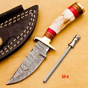 Damascus Hunting Knife Camel Bone Handle & Leather Sheath — Damascus hunting knife