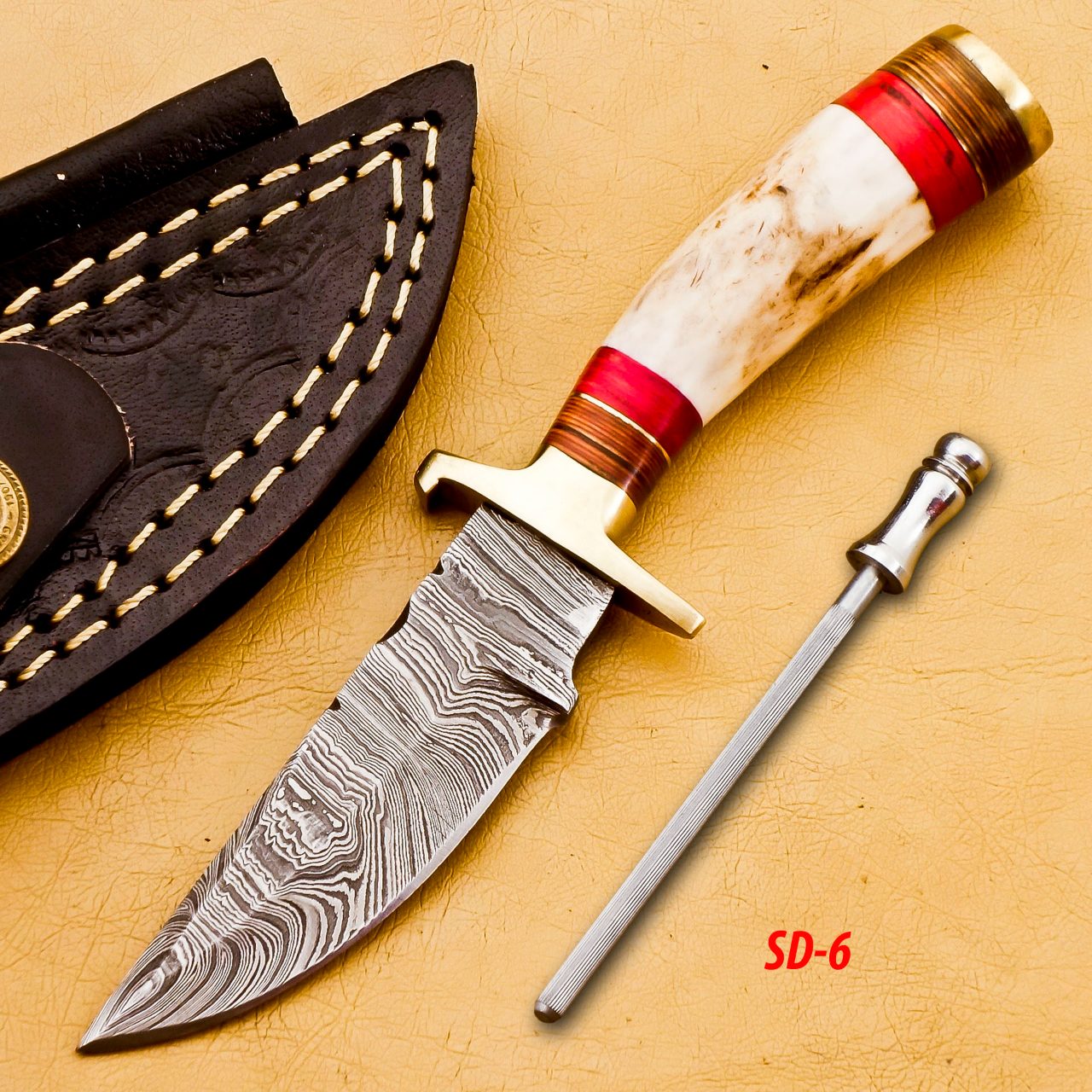 Damascus Hunting Knife Camel Bone Handle & Leather Sheath — Damascus hunting knife